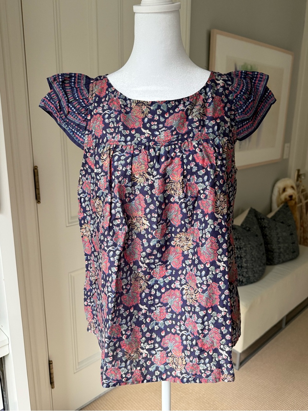 Madewell Navy Floral Cap-Sleeve Blouse with Pink Accents